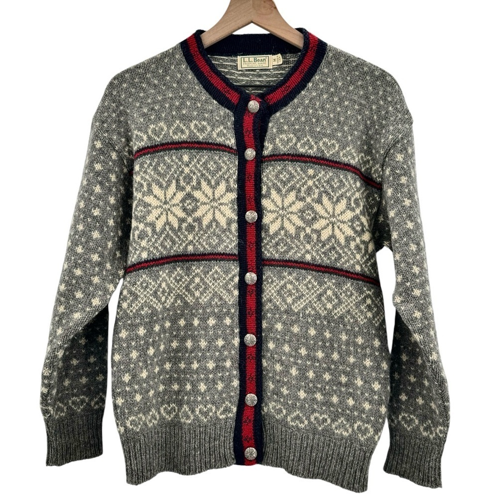 Vintage 80s L.L. Bean Wool Sweater Button Front Cardigan Fair Isle Gray USA | M